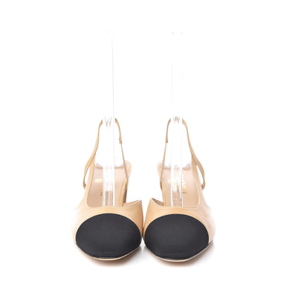 Chanel Goatskin Grosgrain Cap Toe CC Slingback Pumps 39.5 Beige Black 2 of 8