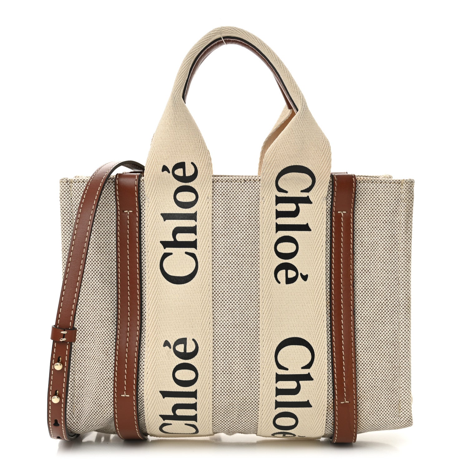Chloe Cotton Calfskin Small Woody Ribbon Tote With Strap White Brown 1 of 11