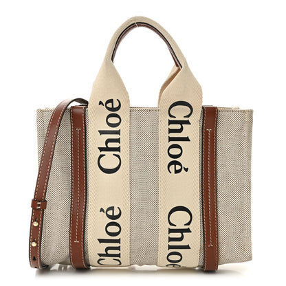 Chloe Cotton Calfskin Small Woody Ribbon Tote With Strap White Brown 1 of 11