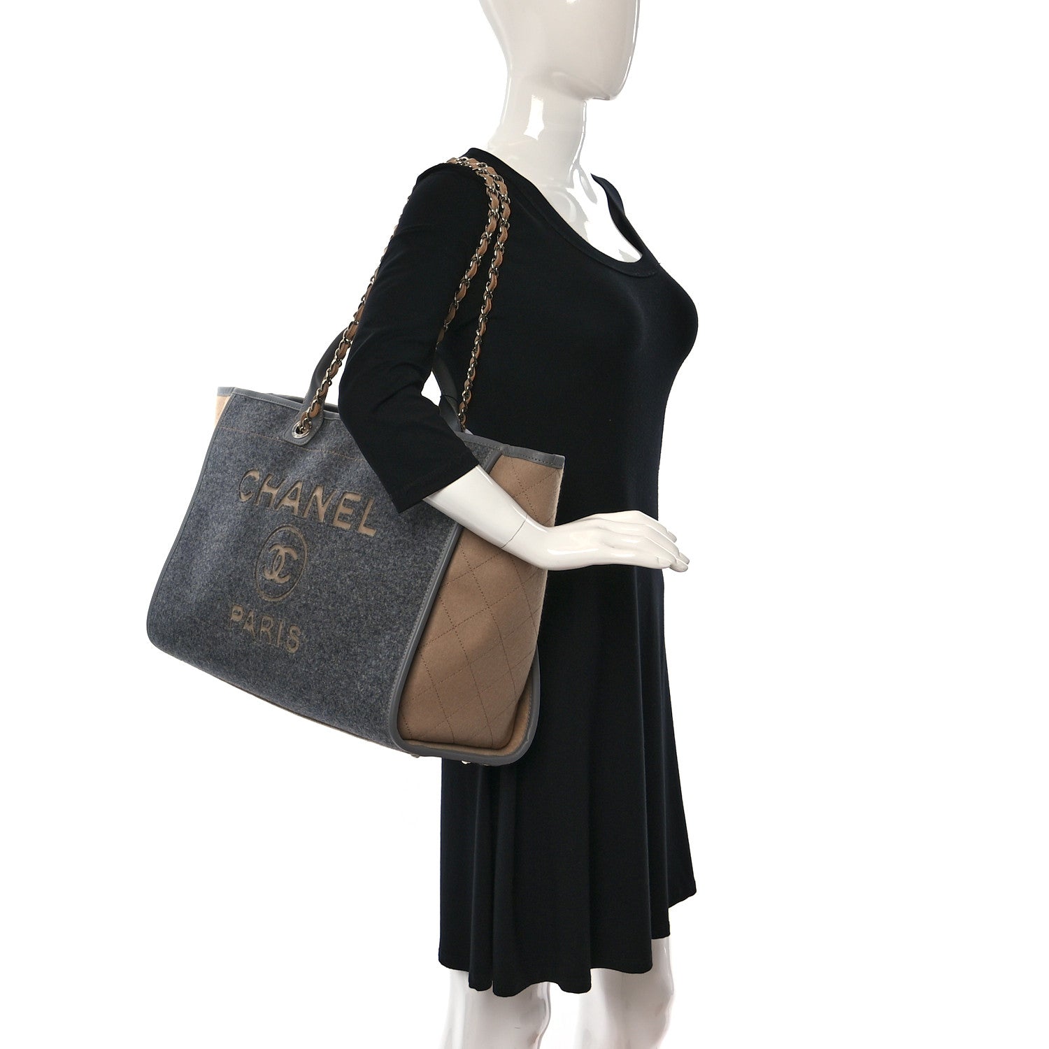 Chanel Wool Felt Large Deauville Tote Grey Beige 2 of 9