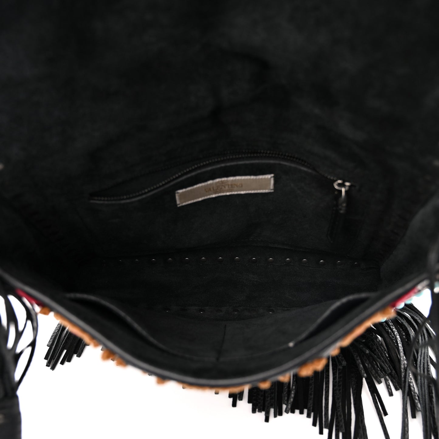 Pebbled Calfskin Embroidered Rockstud Rolling Fringe Messenger Black