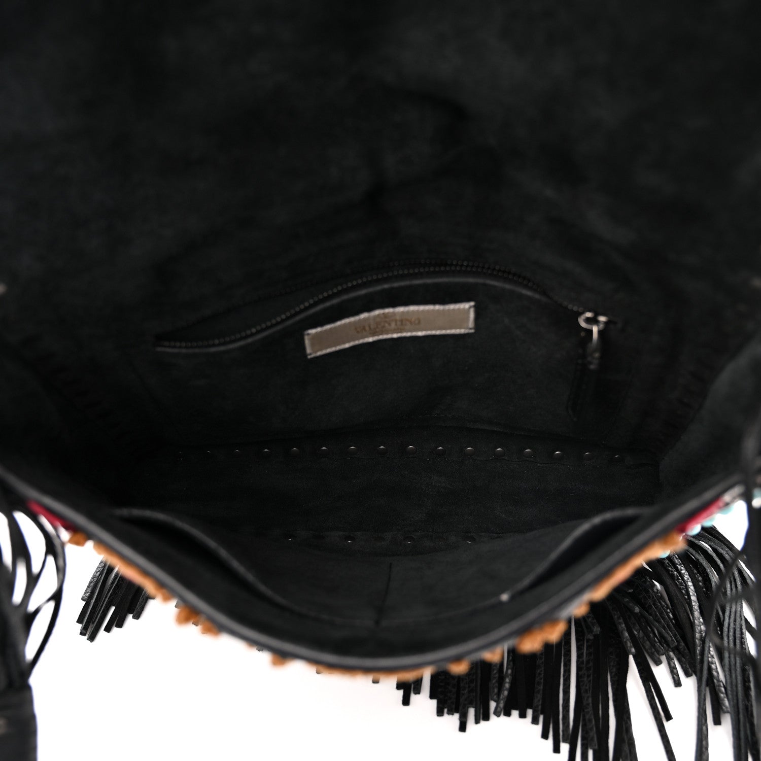 Valentino Garavani Pebbled Calfskin Embroidered Rockstud Rolling Fringe Messenger Black 5 of 15