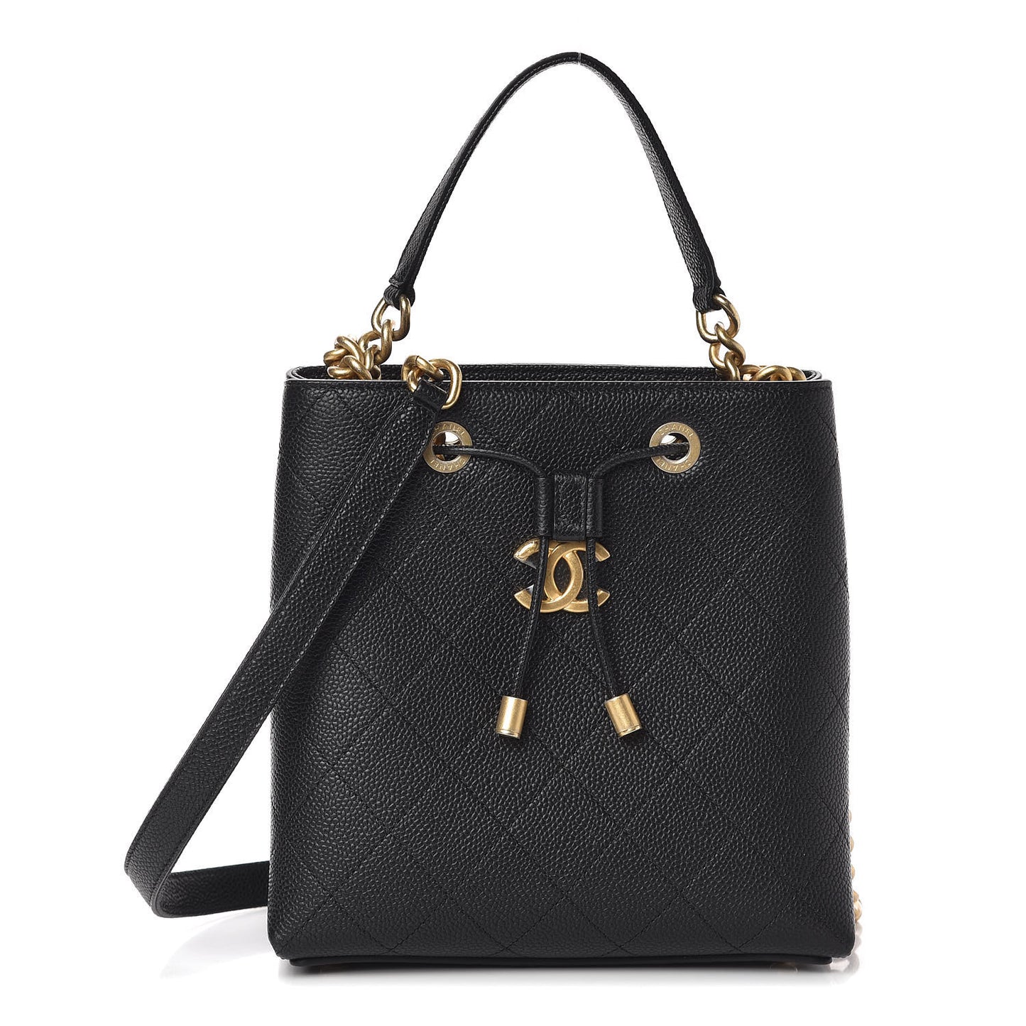 Grained Calfskin Stitched Small Drawstring Bag Black