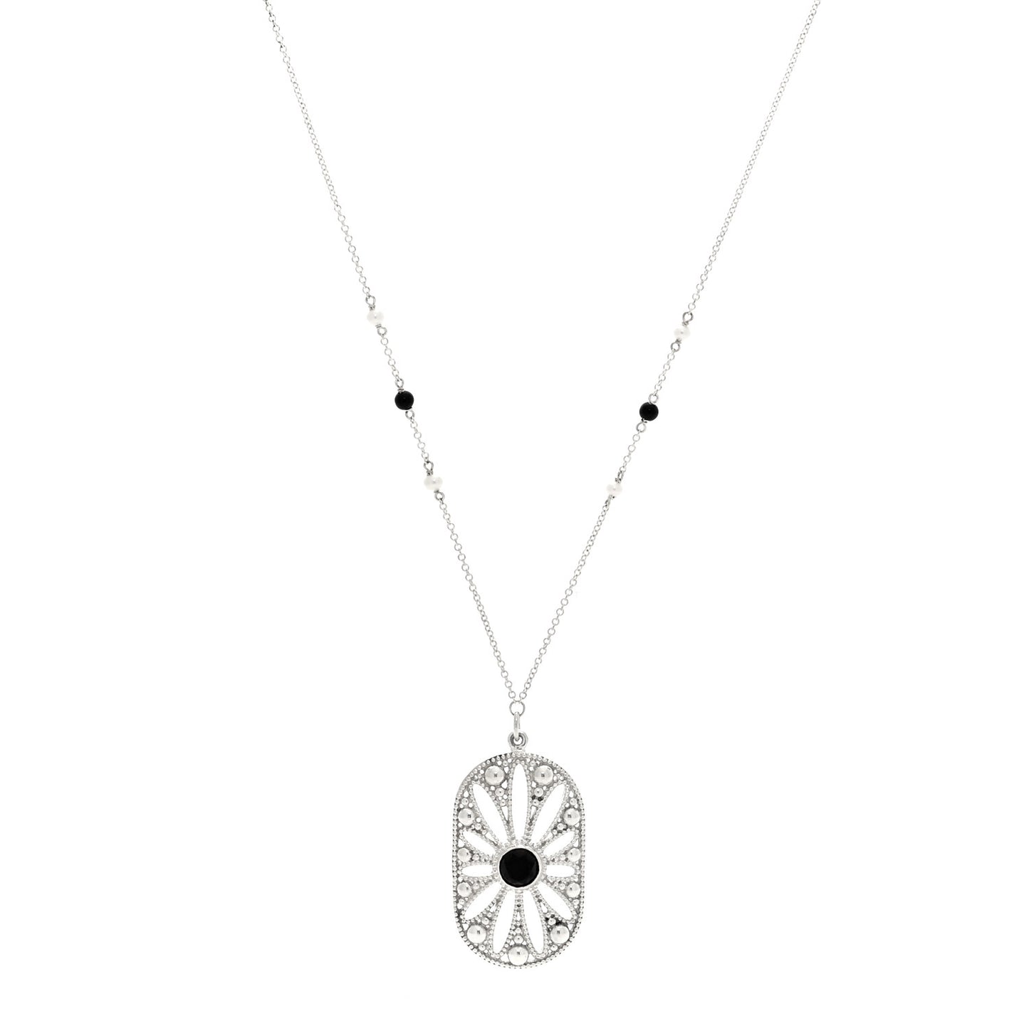 Sterling Silver Black Onyx Pearl Ziegfeld Daisy Pendant Necklace
