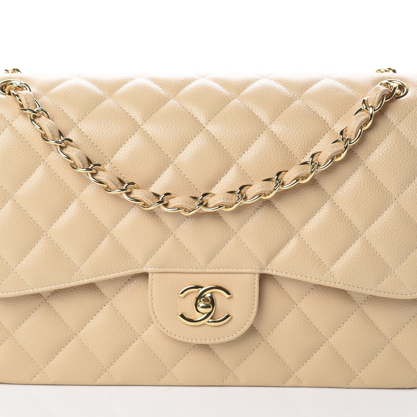 Caviar Quilted Jumbo Double Flap Beige Clair