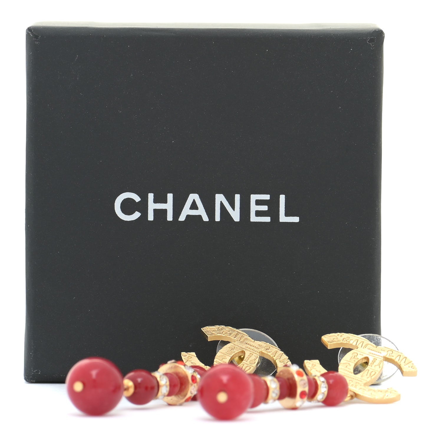 Chanel Crystal Bead Scarab CC Drop Earrings Gold Red 7 of 8