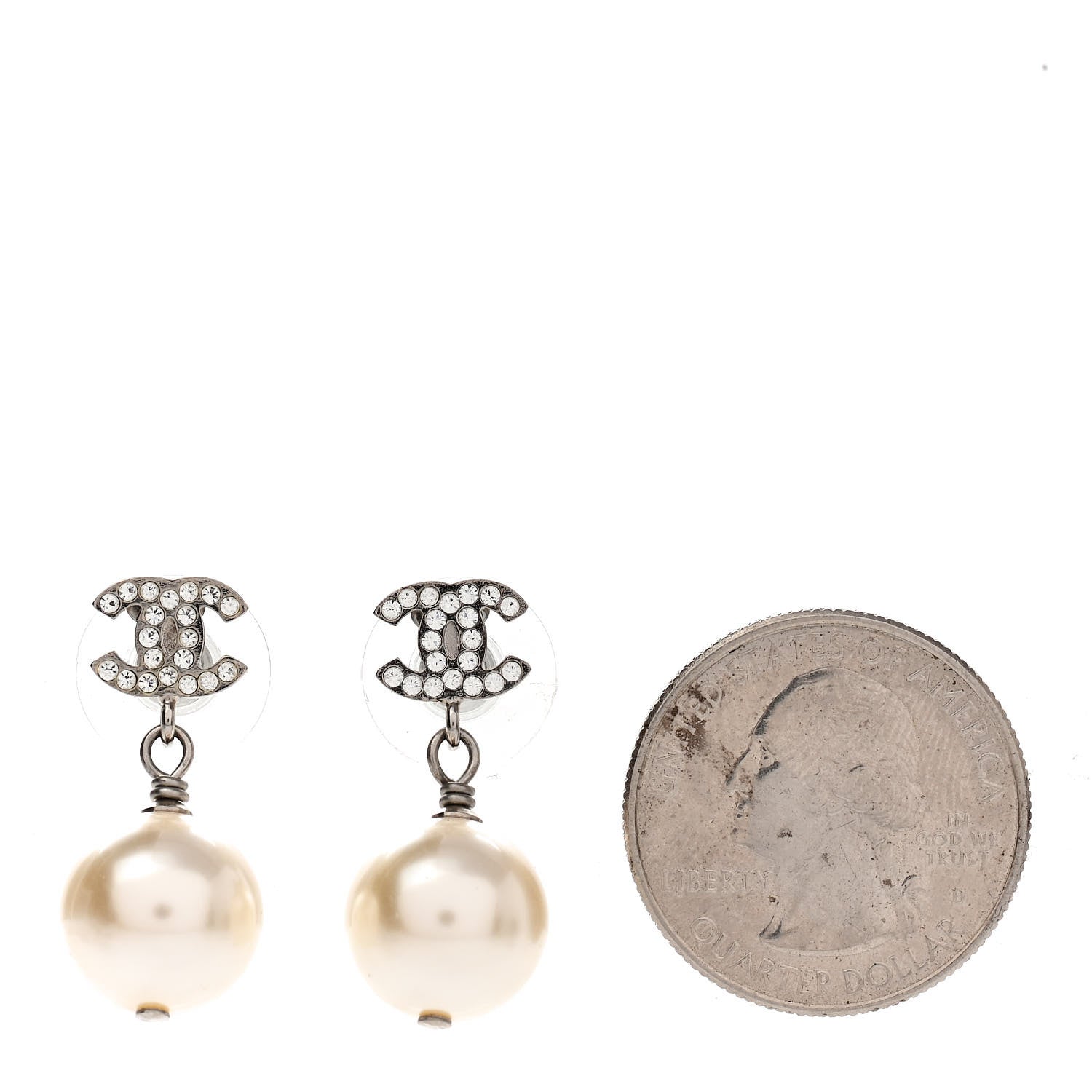 Chanel Crystal Pearl CC Drop Earrings Silver Pearly White 2 of 4