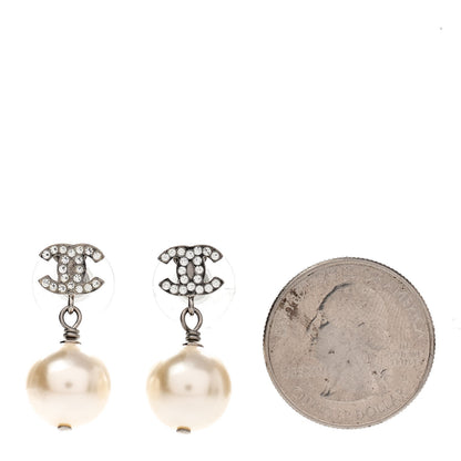 Chanel Crystal Pearl CC Drop Earrings Silver Pearly White 2 of 4