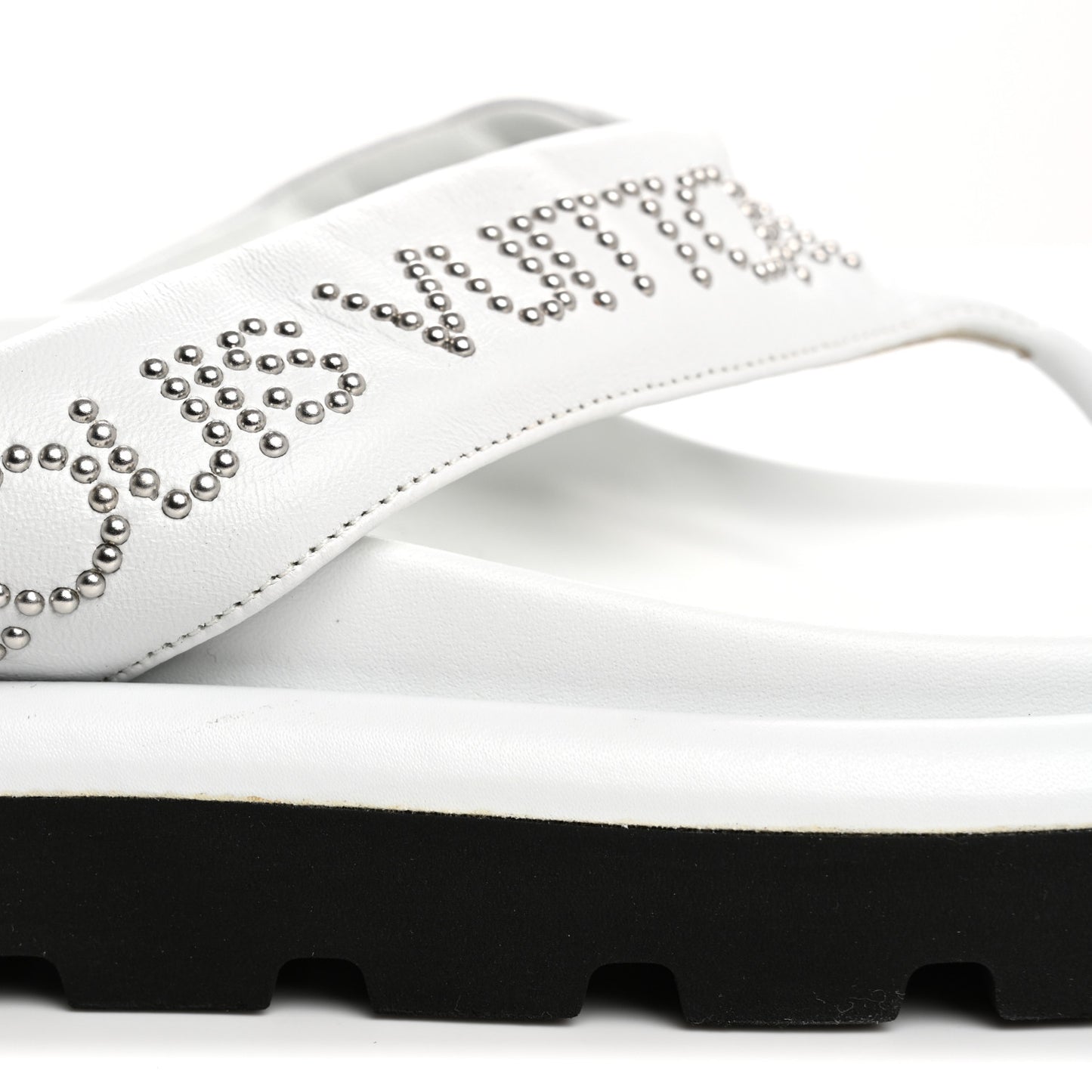 Calfskin Logo Studded Pillow Flat Thong Sandals 35 White