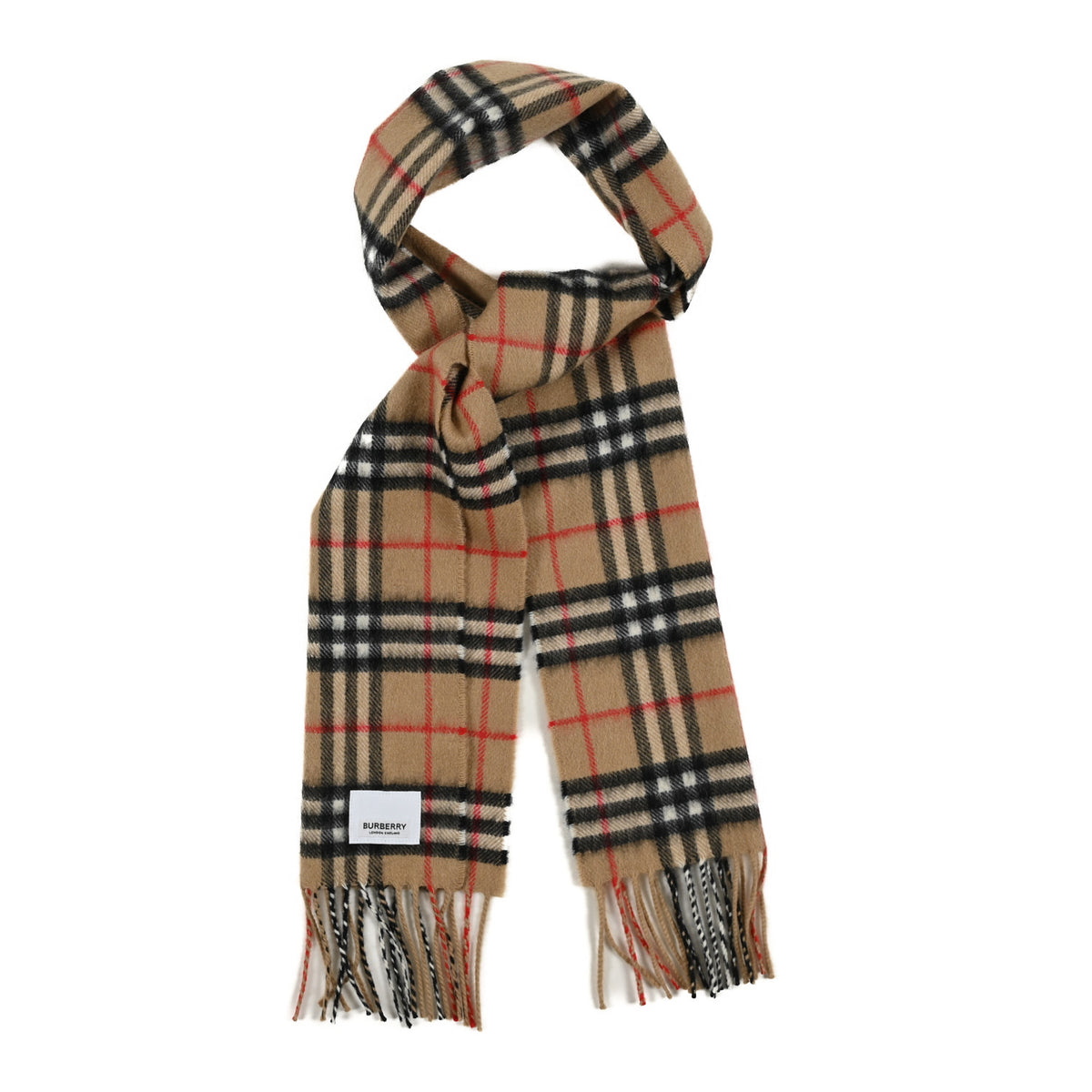 Wool Cashmere House Check Fringe Scarf Camel