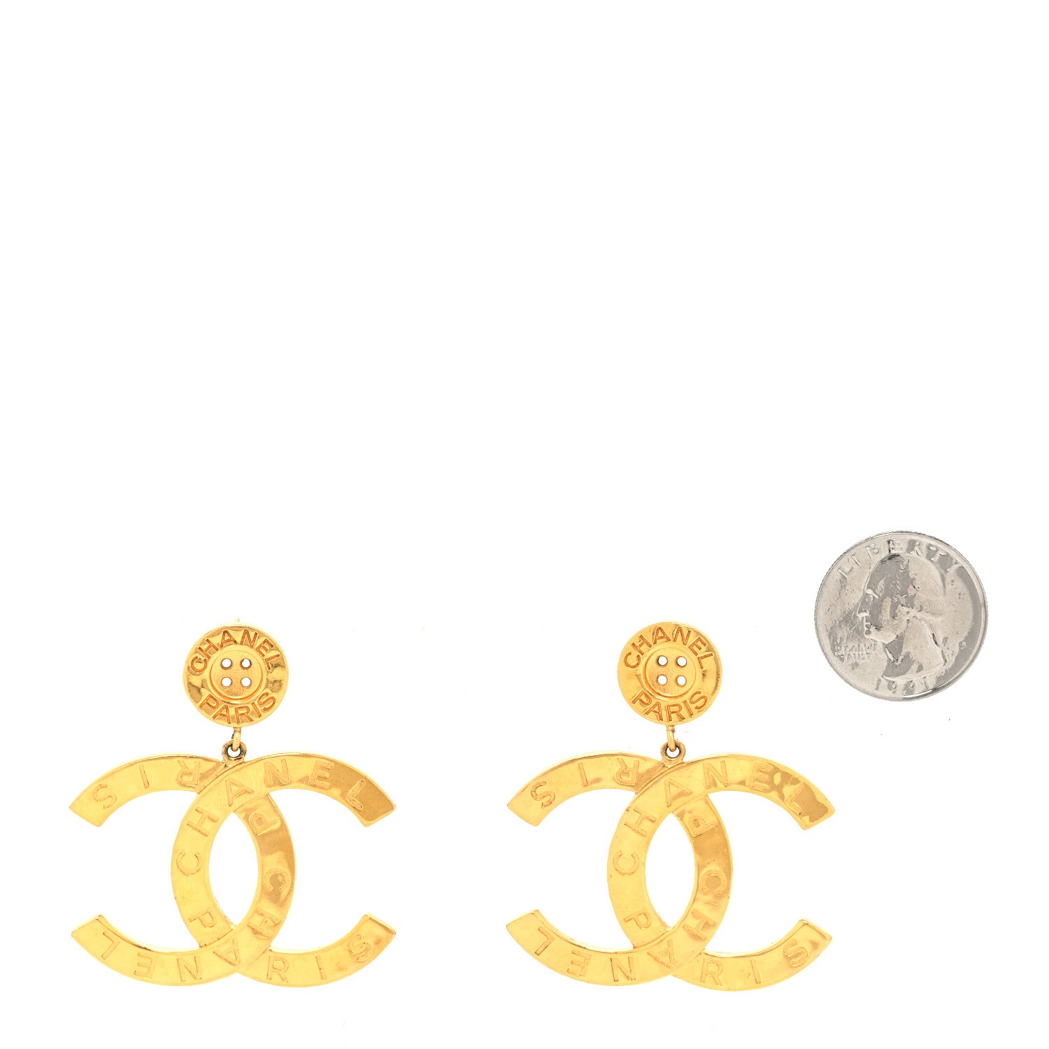 Chanel Metal Large Paris Button Earrings Gold 2 of 4