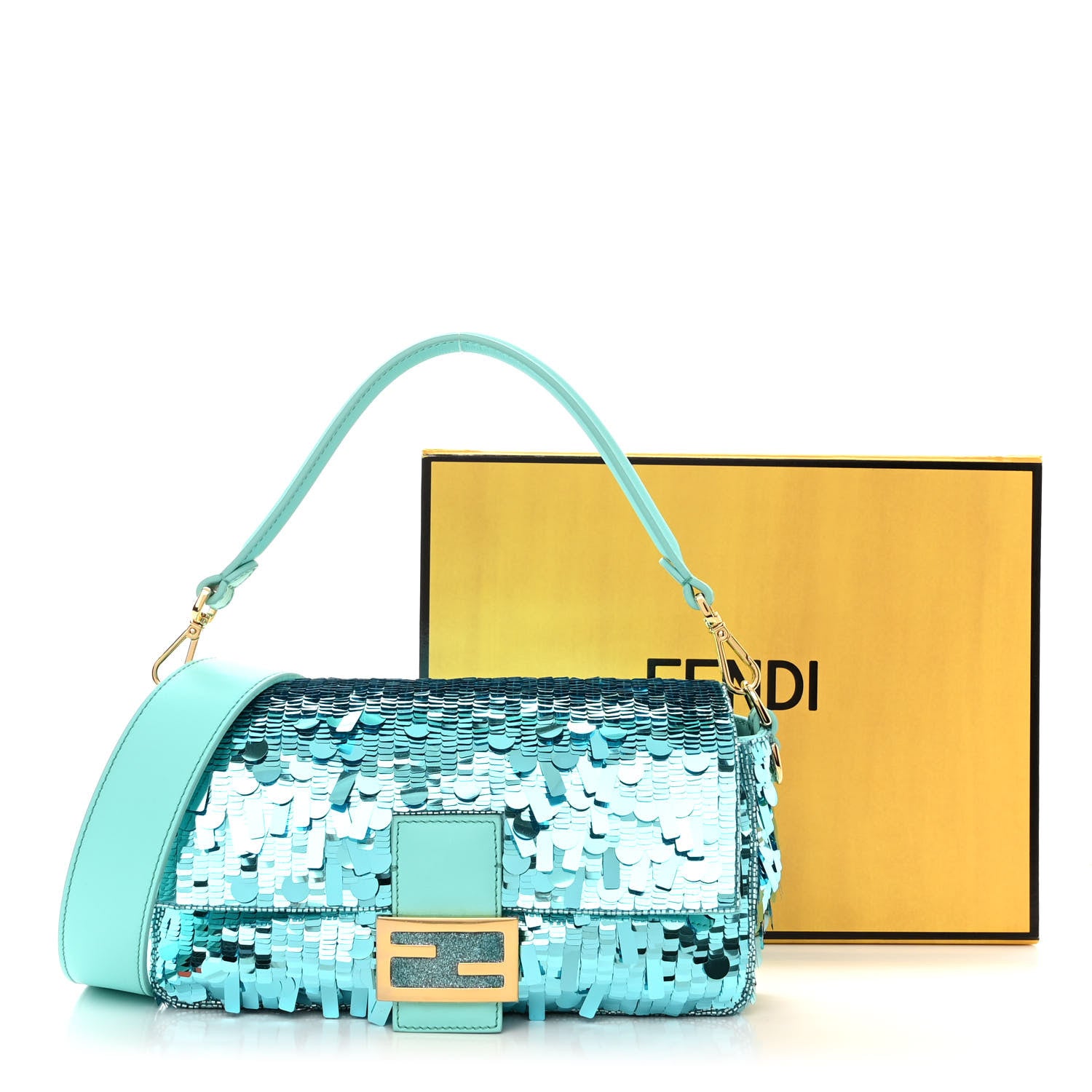 Fendi Sequin Paillettes Vitello Grace Sex and the City Baguette Spring Turquoise 14 of 14