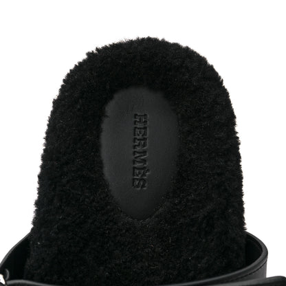 Hermes Calfskin Woolskin Womens Chypre Sandals 39 Black 7 of 8