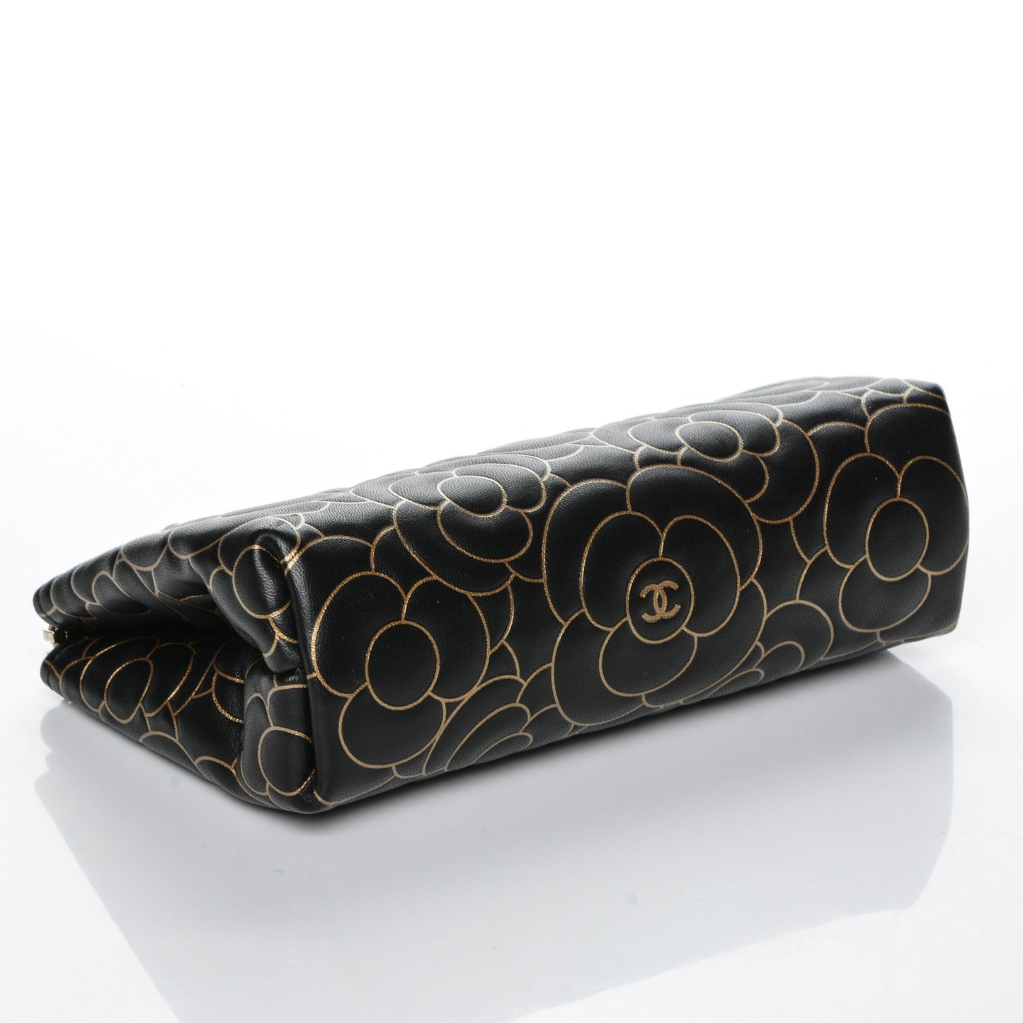 Lambskin Camellia Embossed Cosmetic Pouch Black Gold