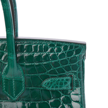 Hermes Shiny Niloticus Crocodile Horseshoe Birkin 30 Vert Emeraude Black 35 of 38