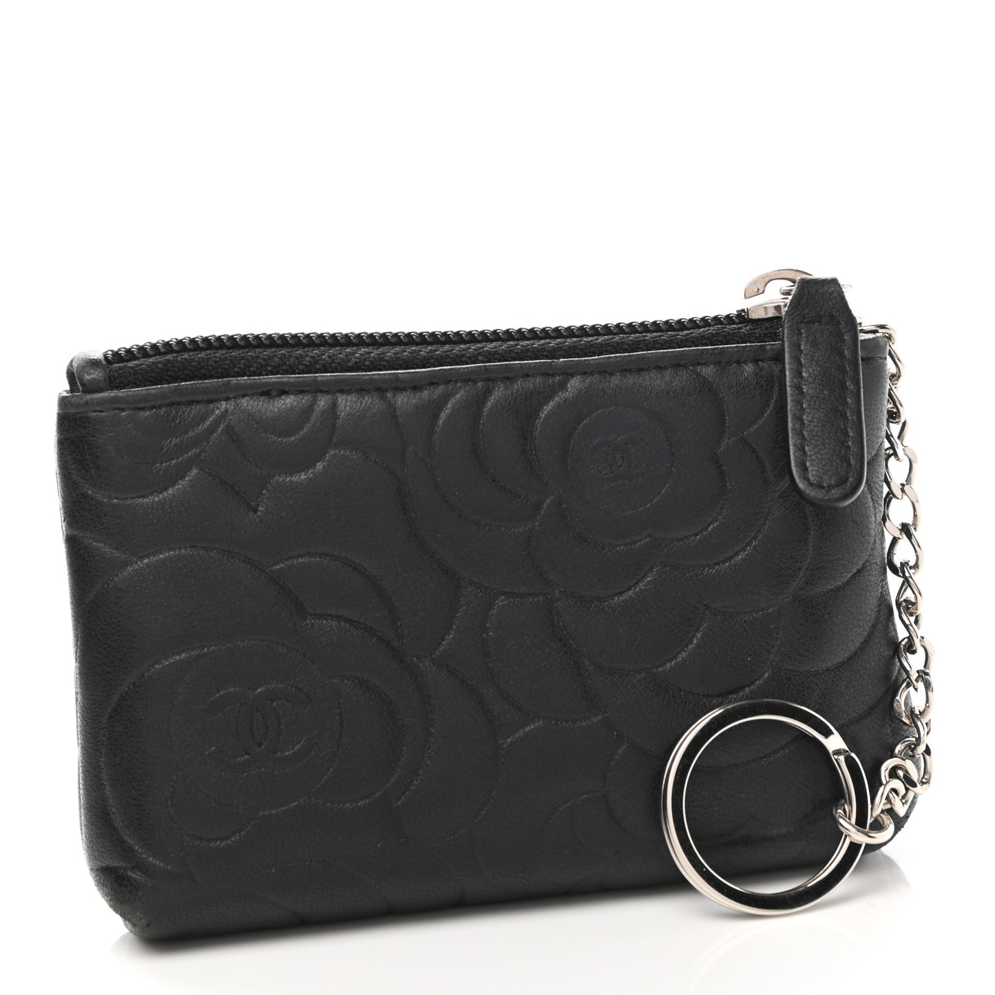 Lambskin Camellia Embossed Key Holder Case Black