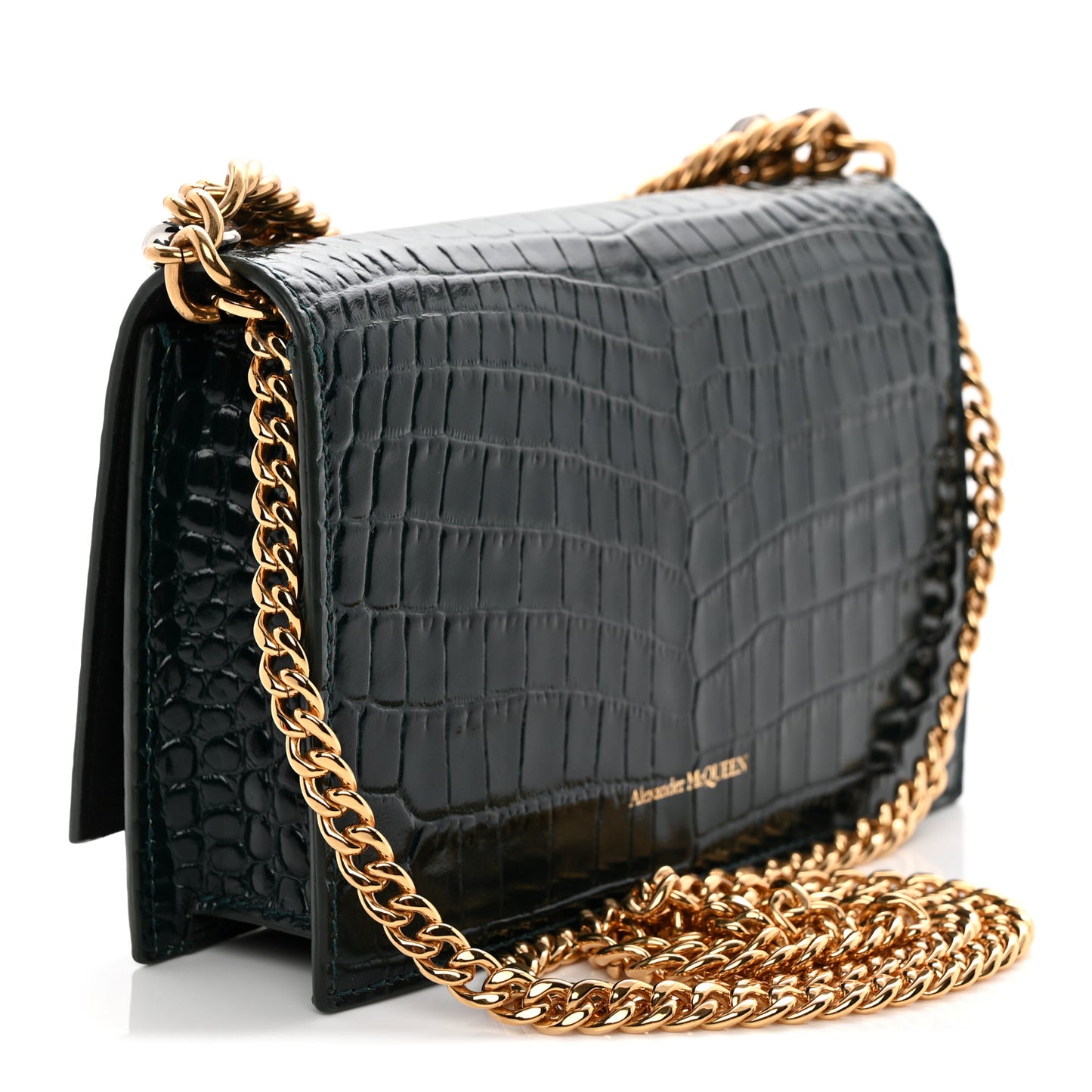 Glazed Calfskin Crocodile Embossed Small Skull Shoulder Bag Green