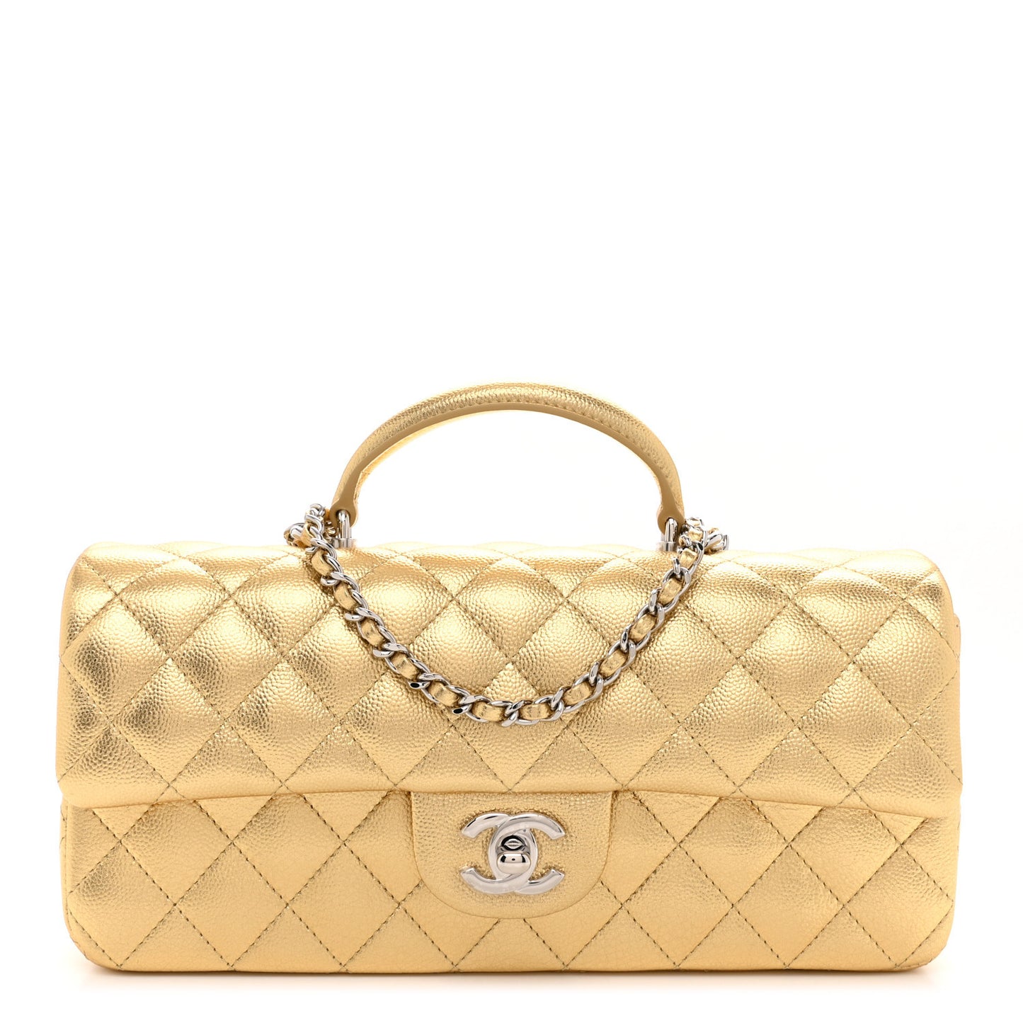 Metallic Caviar Quilted Top Handle East West Flap Gold