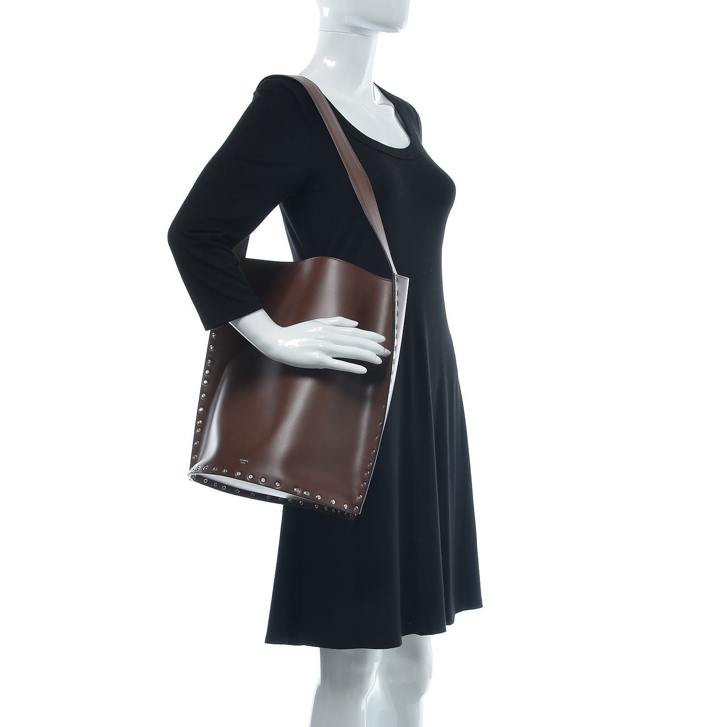 Satinated Natural Calfskin Large Studs Bucket Shoulder Bag Dark Brown