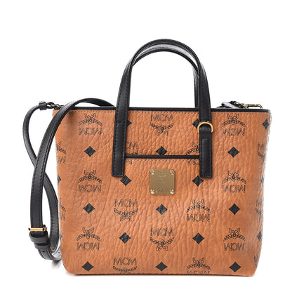 MCM Visetos Mini Anya Top Zip Shopper Tote Black Cognac 1 of 10