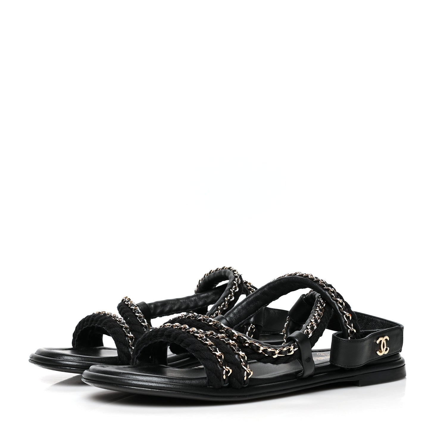 Lambskin Cord Chain Flat Sandals 40 Black