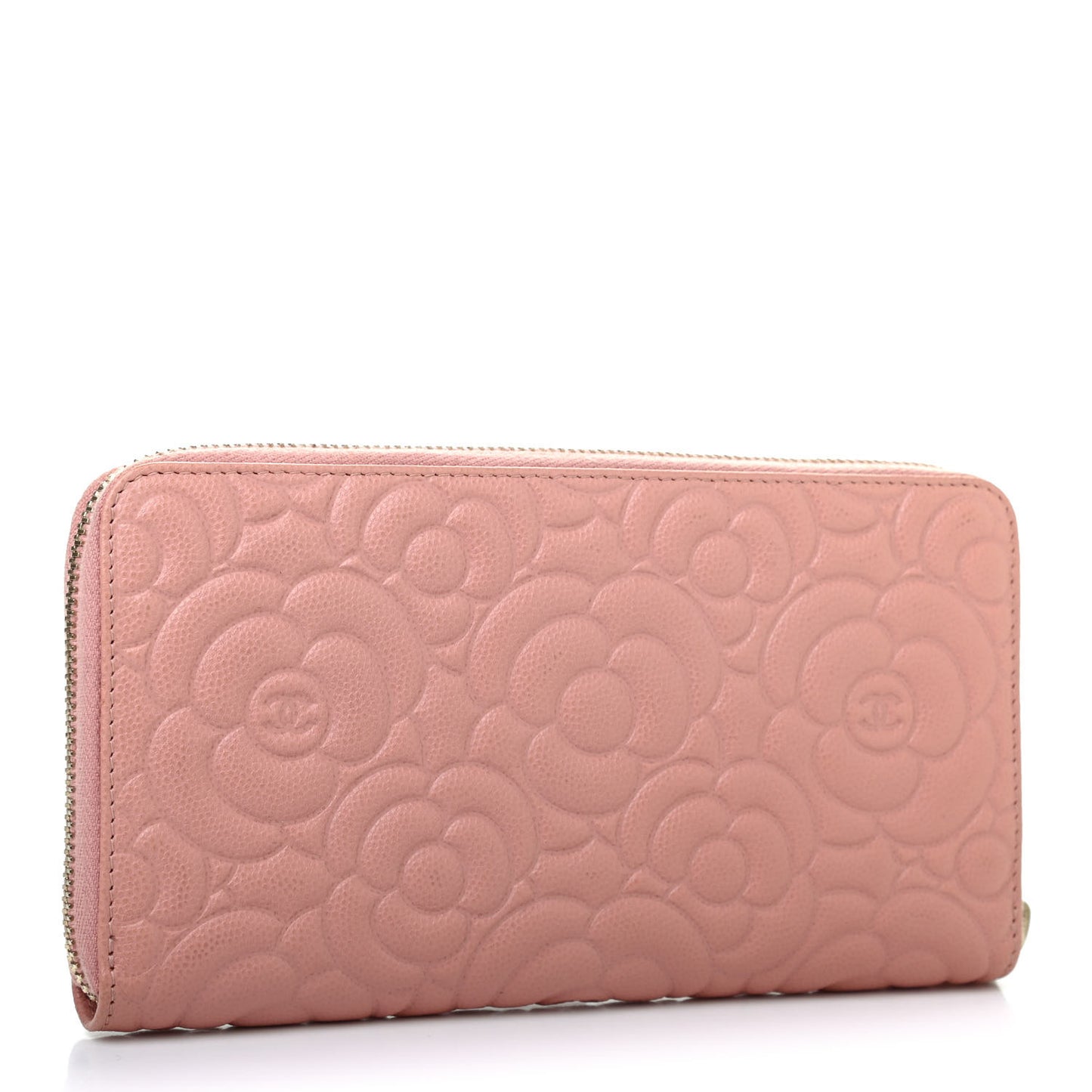 Caviar Camellia Embossed Zip Around Large Gusset Wallet Nude