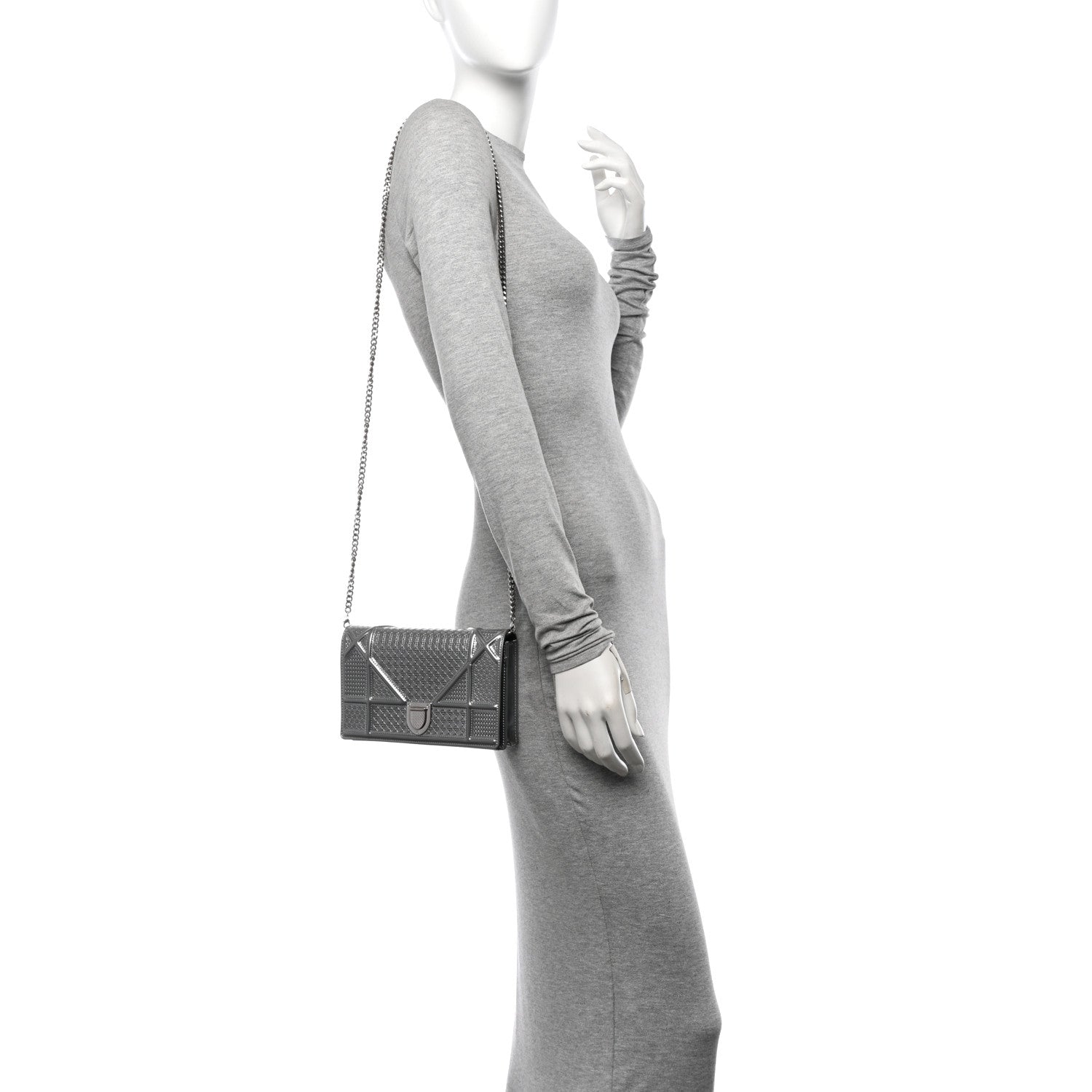 Christian Dior Metallic Patent Micro-Cannage Diorama Wallet on Chain Pouch Silver 2 of 14