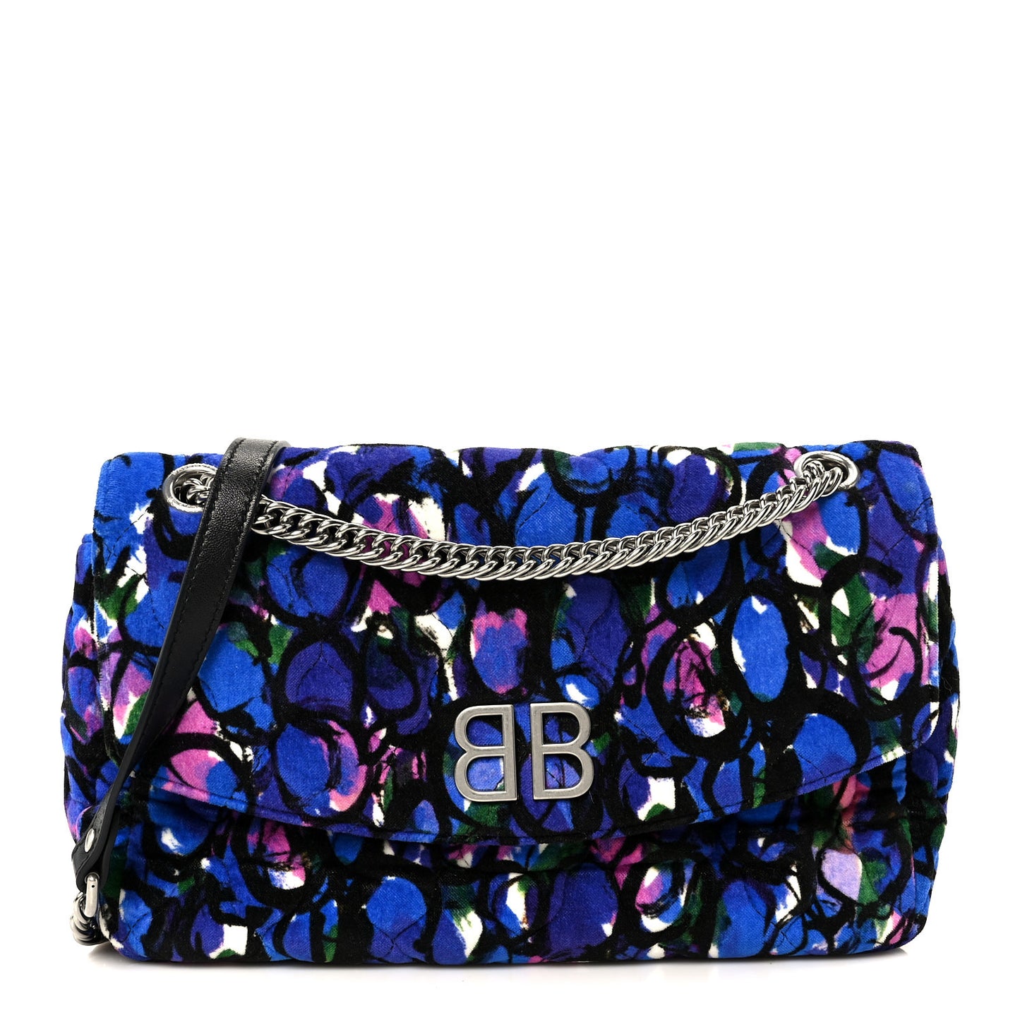 Velvet Floral Quilted M BB Round Shoulder Bag Bleu