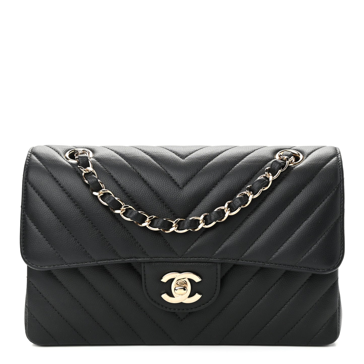 Caviar Chevron Quilted Small Double Flap Black