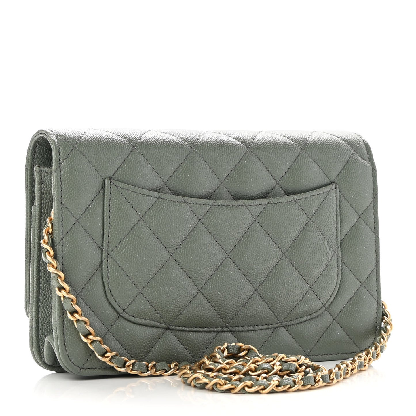 Iridescent Caviar Quilted Wallet On Chain WOC Green