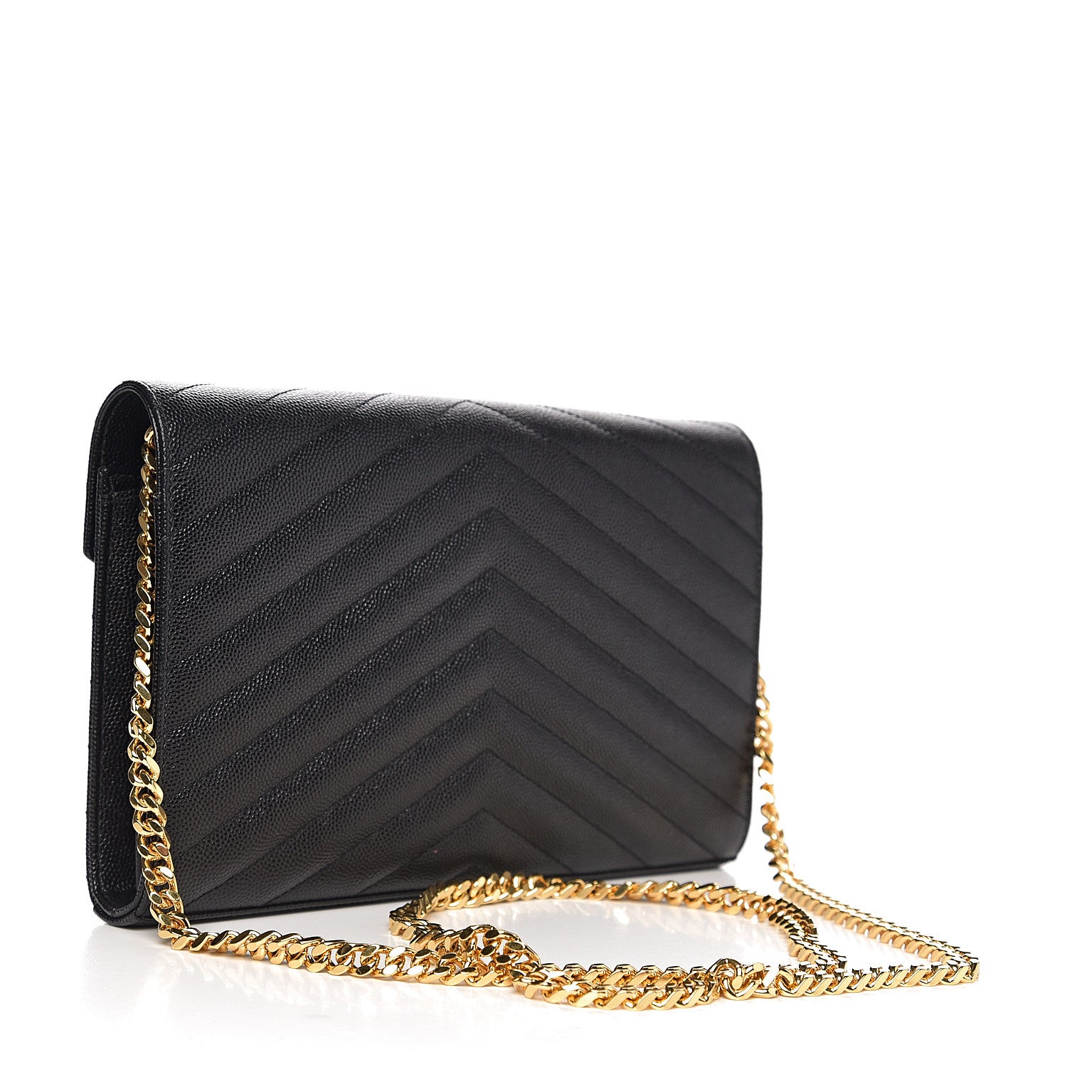 Saint Laurent Grain De Poudre Matelasse Chevron Monogram Chain Wallet Black 2 of 9