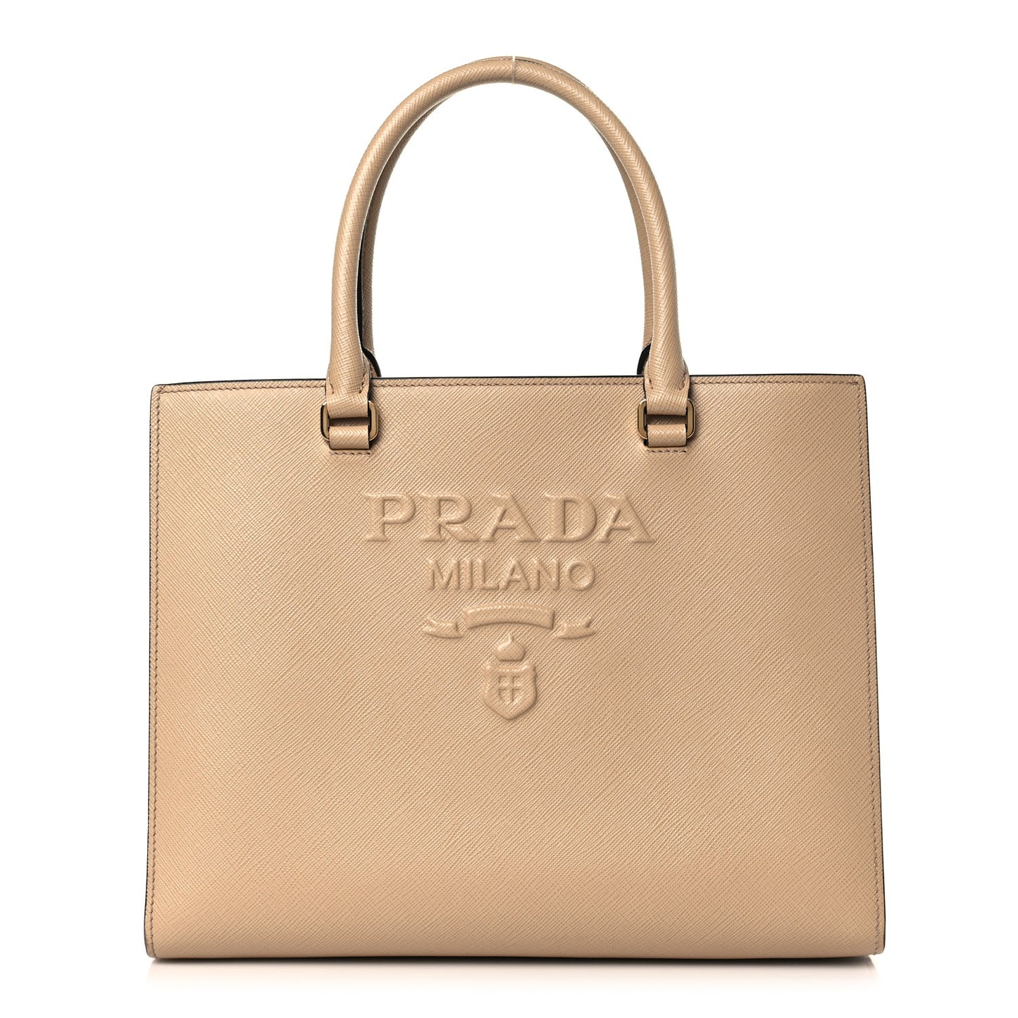 Saffiano Lux Logo Embossed Medium Shoulder Tote Handbag Sabbia
