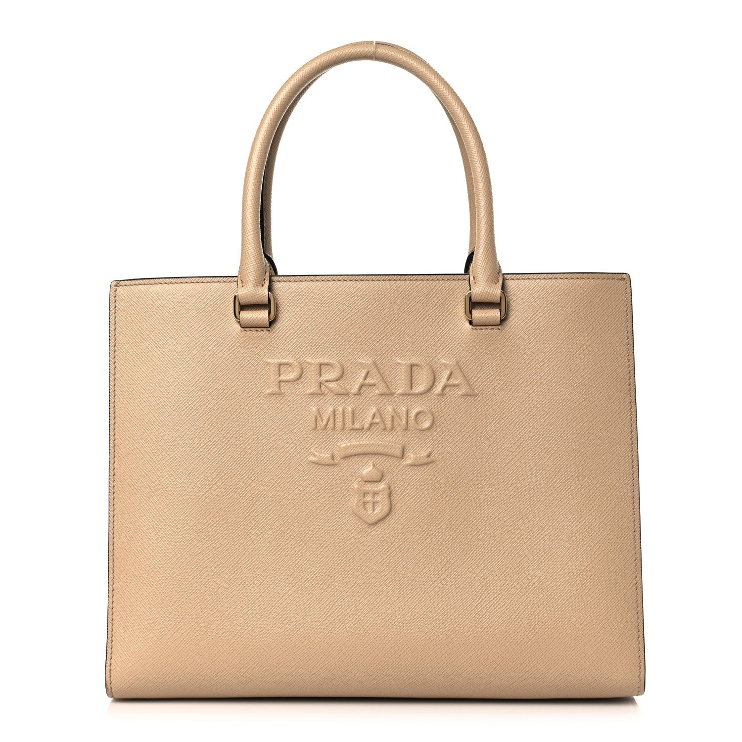 Prada Saffiano Lux Logo Embossed Medium Shoulder Tote Handbag Sabbia 1 of 9