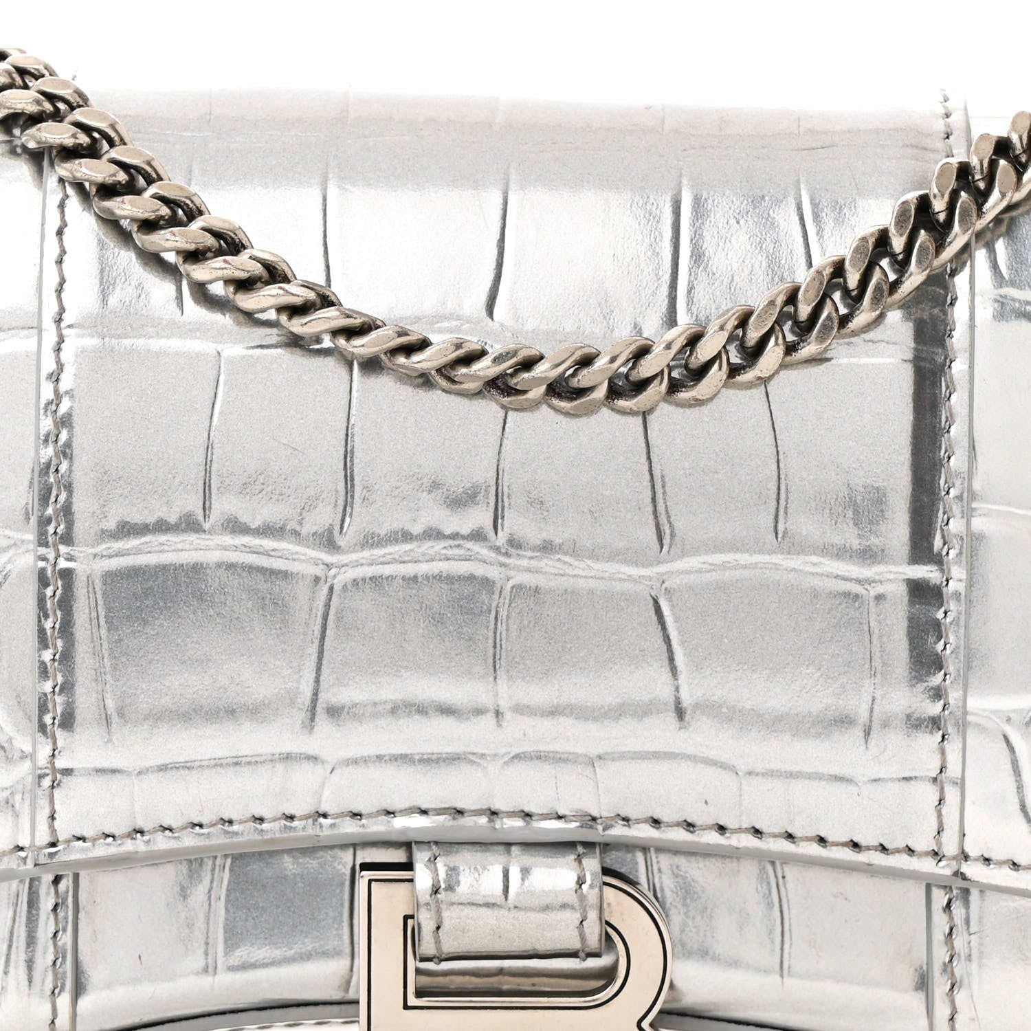 Balenciaga Metallic Calfskin Crocodile Embossed Hourglass Chain Bag Silver 9 of 17