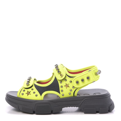Gucci Technical Canvas Calfskin Studded Mens Aguru Sandals 11 Neon Yellow 1 of 7