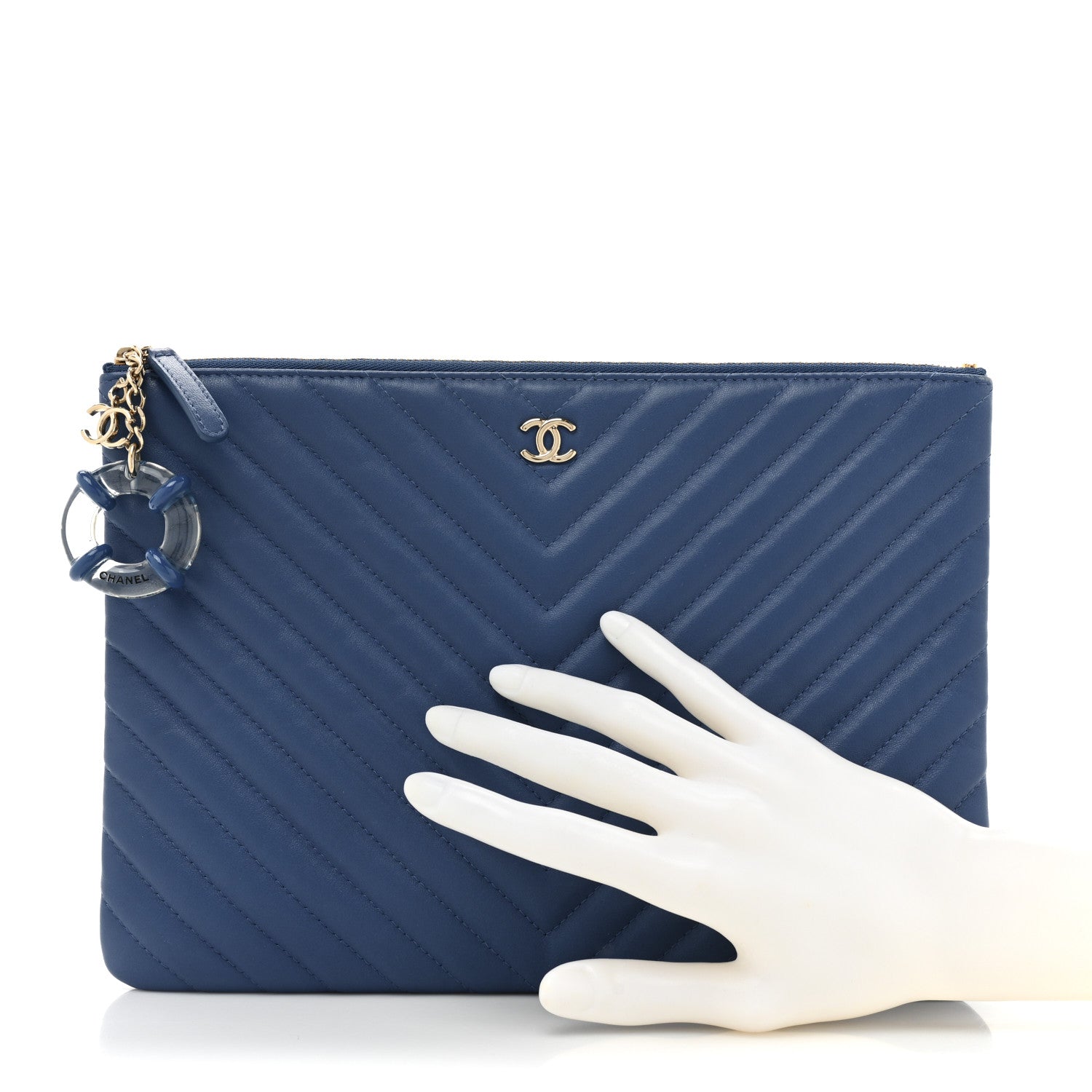 Chanel Lambskin Chevron Quilted Charms Medium Cosmetic Case Blue 2 of 15