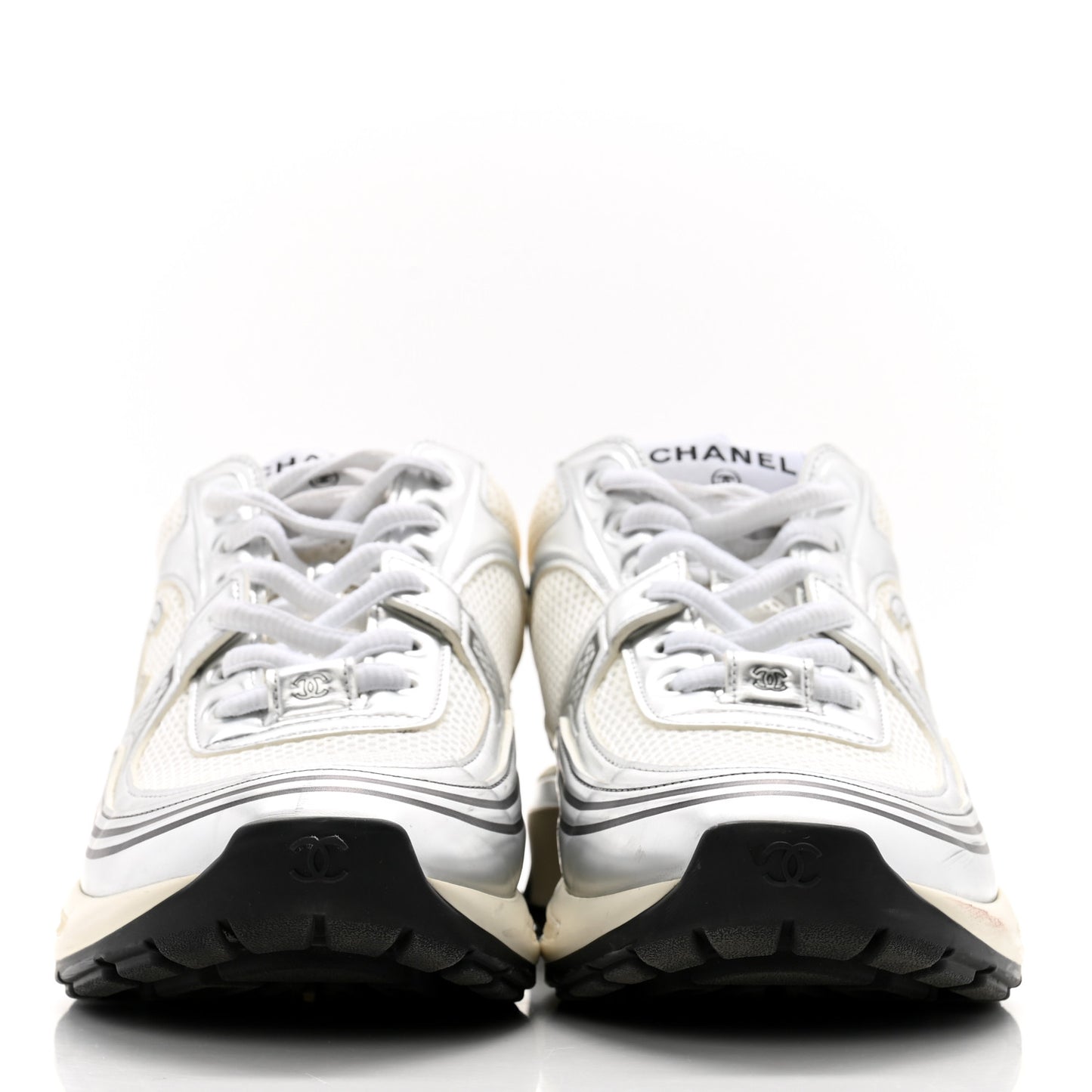 Fabric Laminated Calfskin Stretch CC Womens Sneakers 39.5 White Silver