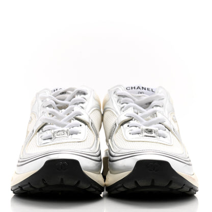 Chanel Fabric Laminated Calfskin Stretch CC Womens Sneakers 39.5 White Silver 2 of 14