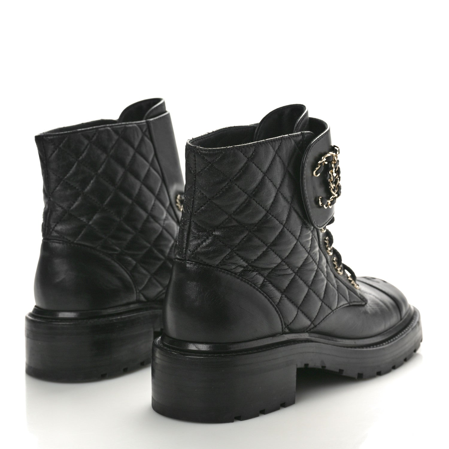 Chanel Shiny Lambskin Quilted Lace Up Combat Boots 40 Black 3 of 9