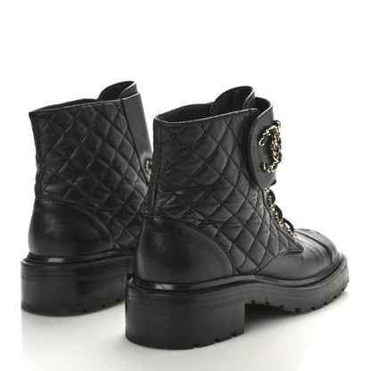 Chanel Shiny Lambskin Quilted Lace Up Combat Boots 40 Black 3 of 9