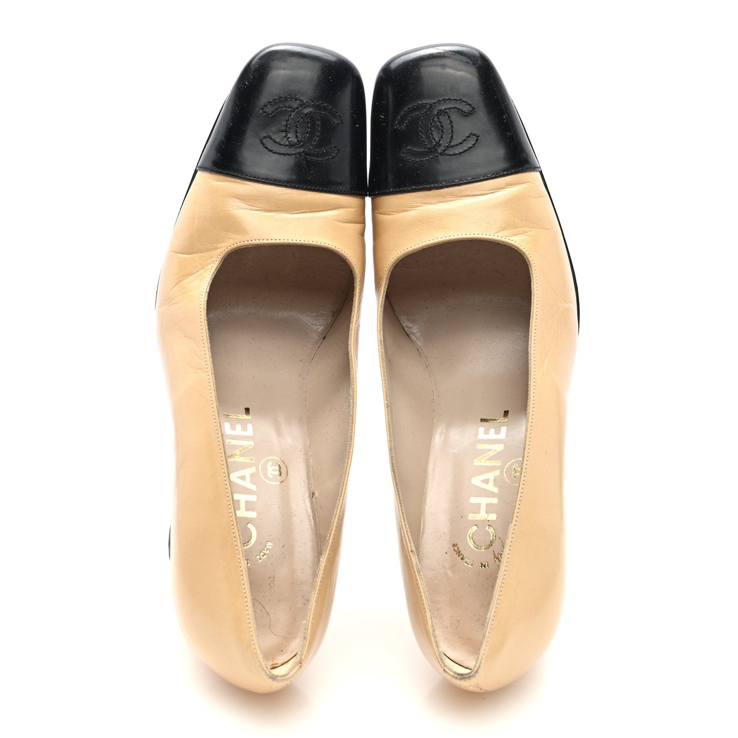 Chanel Lambskin Cap Toe CC Pumps 36.5 Beige Black 1674274