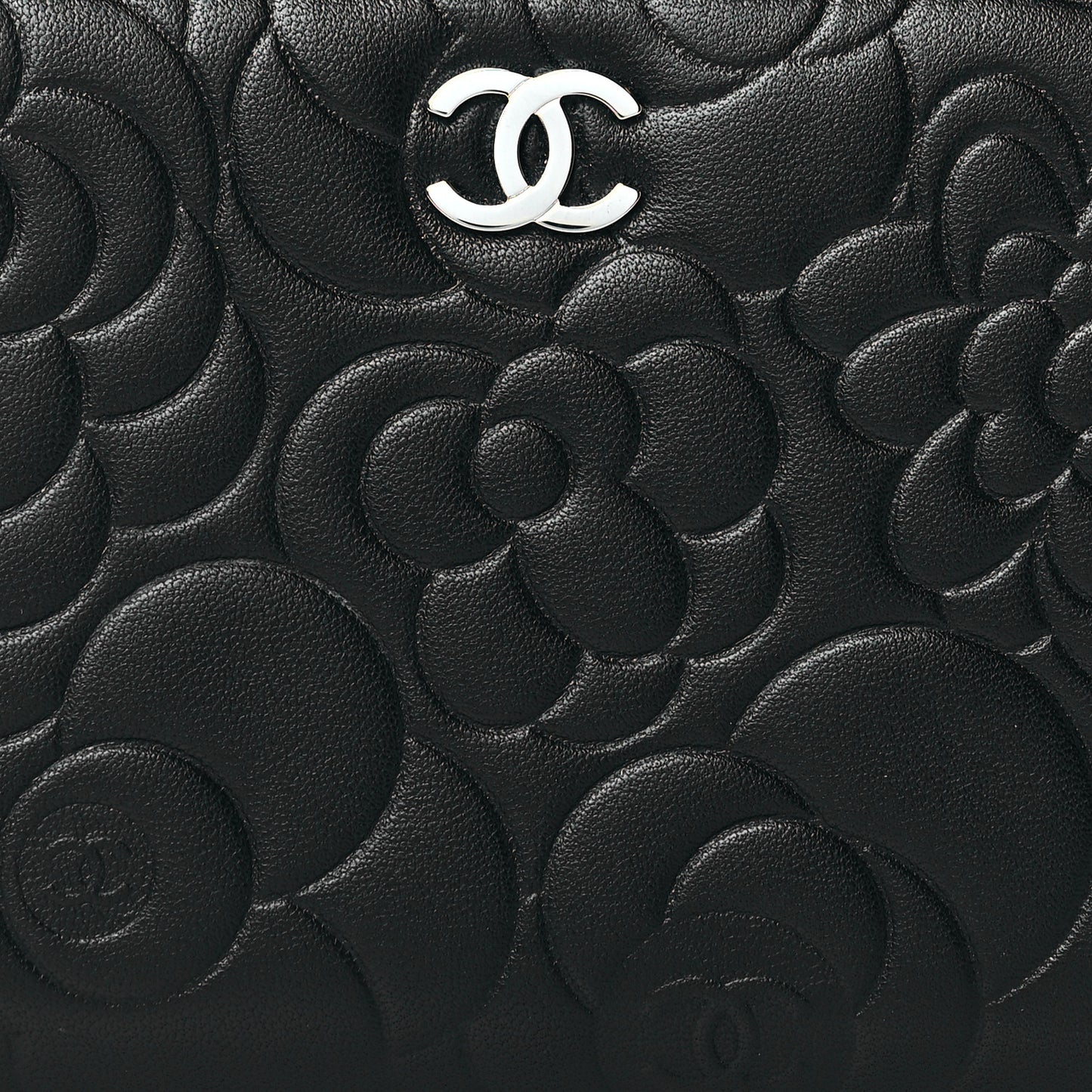 Lambskin Camellia Embossed Large Zip Around Gusset Wallet Black
