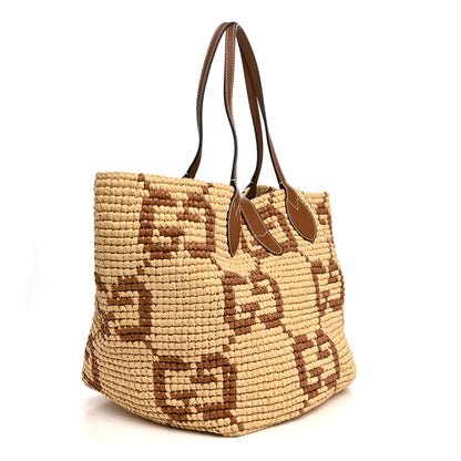Gucci Raffia Woven Monogram Jumbo Medium Tote Natural Brown 3 of 10