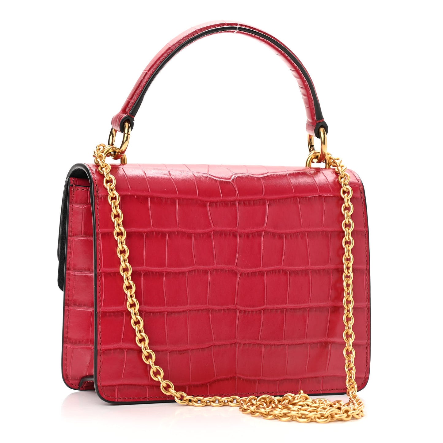 Calfskin Crocodile Embossed Small Harlow Satchel Hibiscus Red