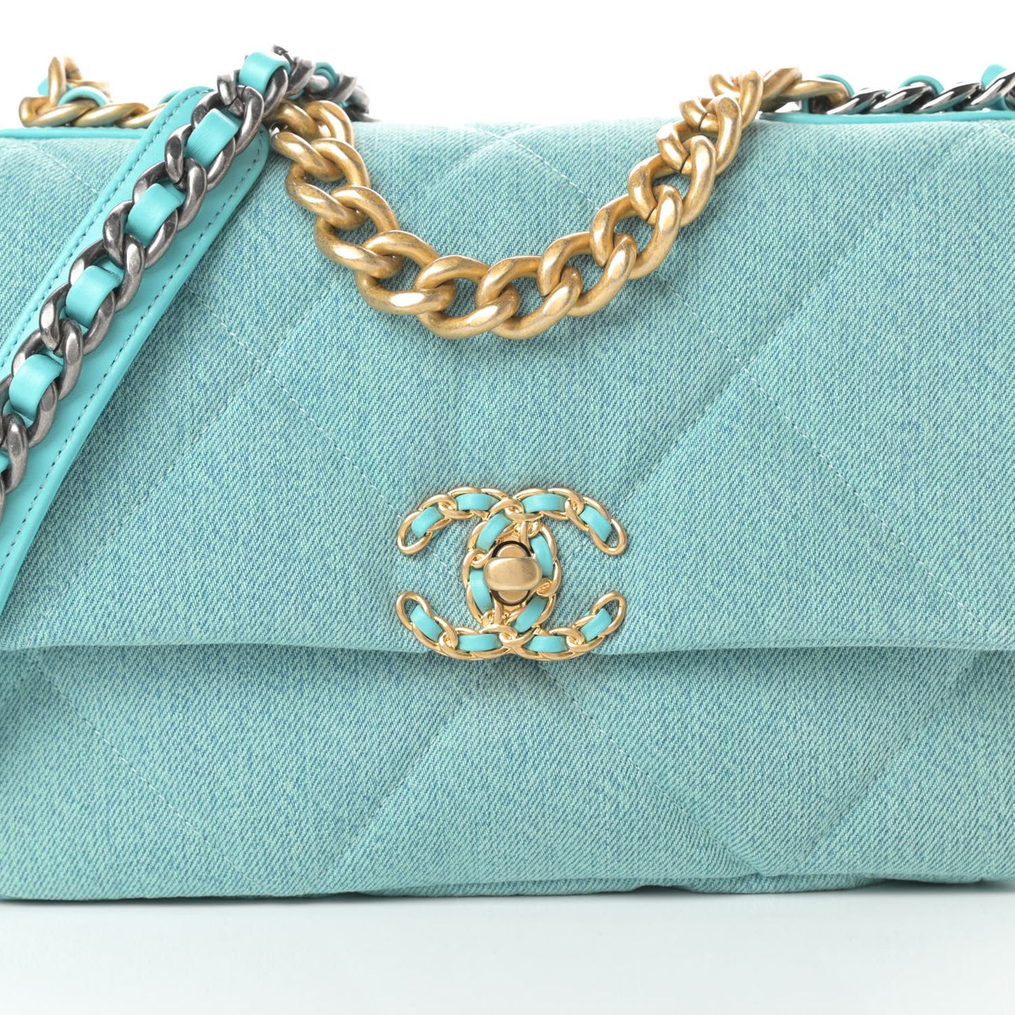 Denim Quilted Medium Chanel 19 Flap Neon Blue