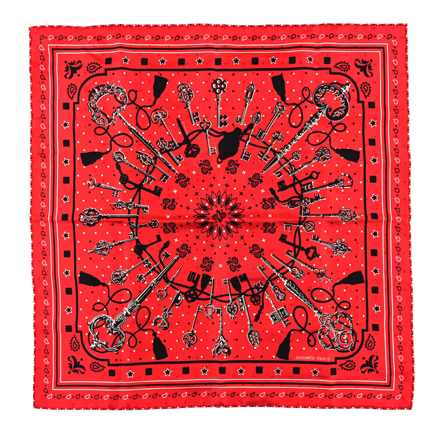Hermes Silk Les Cles Bandana Scarf 55 Rouge White Black 1 of 3
