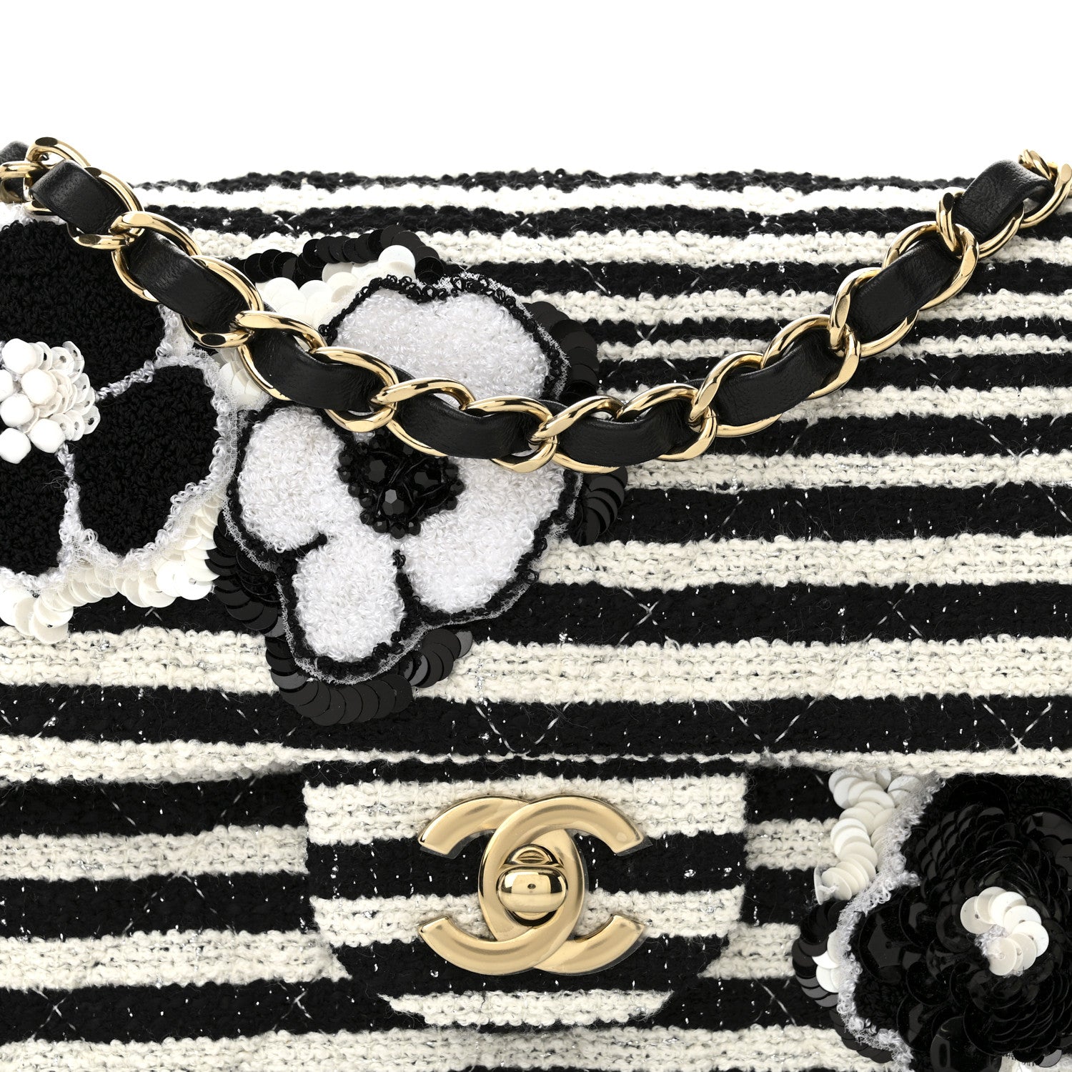 Chanel Striped Tweed Sequin Quilted Camellia Embellished Mini Rectangular Flap Ecru Black 8 of 11