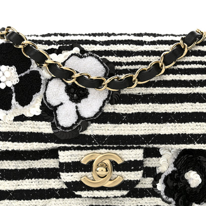 Chanel Striped Tweed Sequin Quilted Camellia Embellished Mini Rectangular Flap Ecru Black 8 of 11
