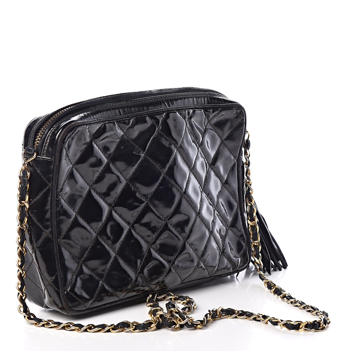 Patent Quilted Tassel Small Camera Case Black