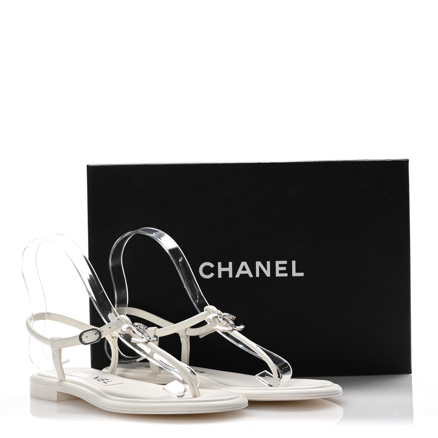 Lambskin Crystal Baguette CC Thong Sandals 36.5 White